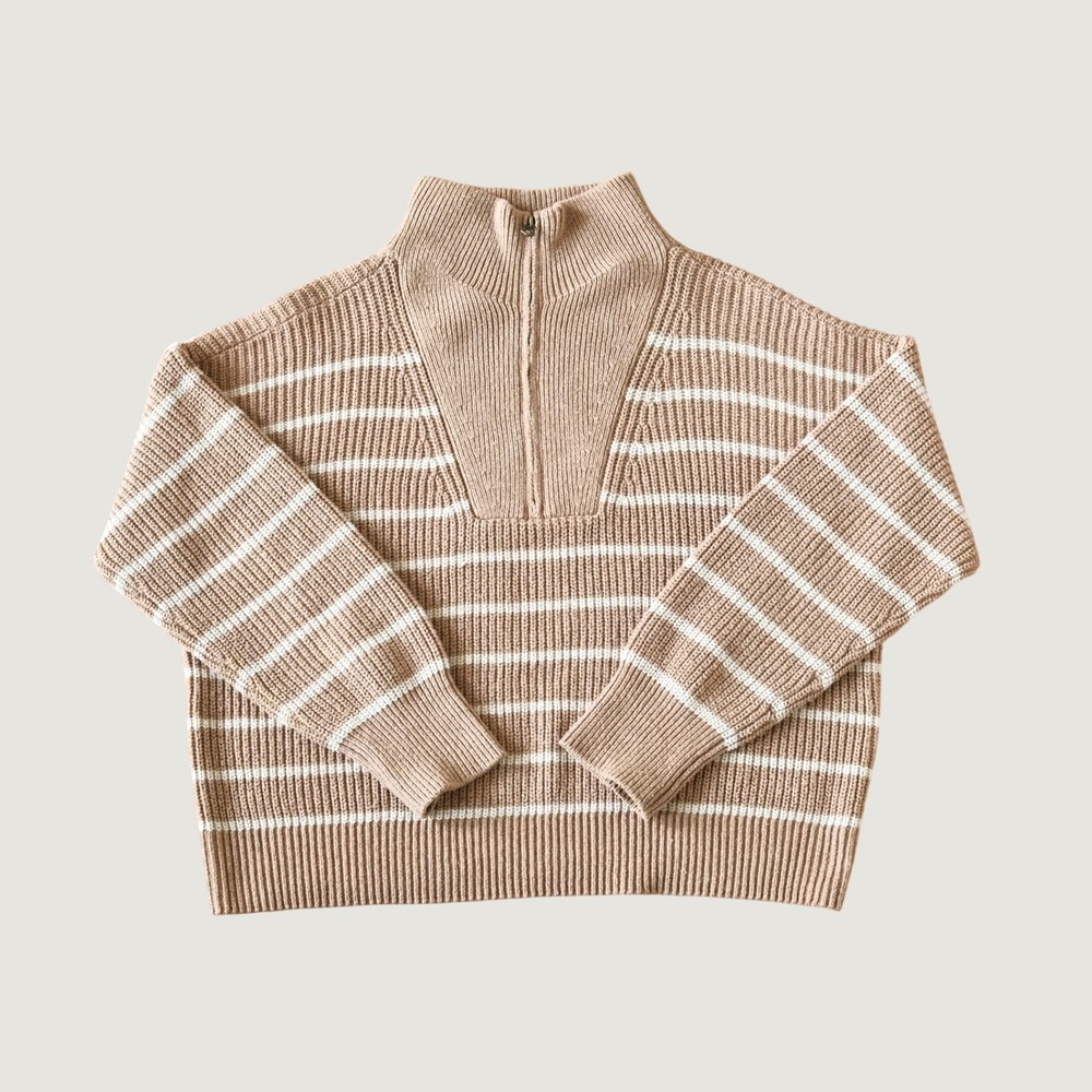 FAHERTY Mariner Sweater Camel Stripe Organic Cotton Wool Quarter Zip XS 3523